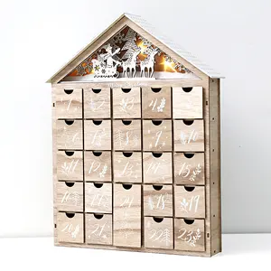 Wooden Christmas Countdown Calendar With 24 Drawers Advent Box For Gift Storage House Shape Reindeer Xmas Tabletop Decoration