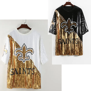 Robe décontractée Saireish personnalisée motif fleur de lys noir et or, avec sequins de football et franges perlées, taille naturelle, écologique - Product Image 2