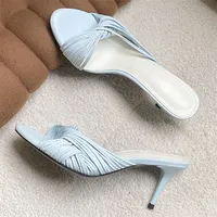 Seksi İnce Yüksek Topuklu Açık Burunlu Kadın Terlikleri Yaz Tasarımcısı Dar Bantlı Kıvrımlı Parti Elbisesi Slayt Ayakkabılar PU Üst Kısım Kauçuk