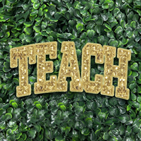 Patch thermocollant à sequins de 10 pouces, grand, doré, motif lettre 'Teach' style universitaire, pour vestes, sweat-shirts et vêtements, idéal pour la rentrée scolaire