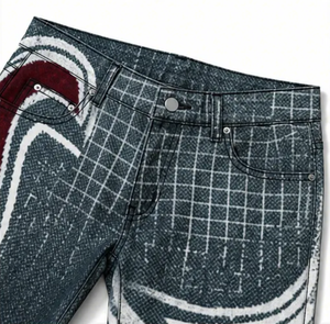 WangSheng Jeans de mezclilla para hombre con estampado de rejilla, bordado de llamas abstractas, dobladillo deshilachado, pierna recta, estilo Y2K Punk Streetwear Grunge Mid - Product Image 5