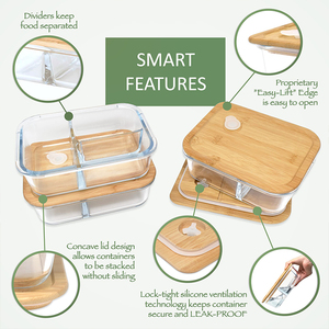 กล่องเบนโตะกลางวันทำจากแก้วใสขนาด1000มล. พร้อมฝาไม้ไผ่3ช่องไมโครเวฟปลอดภัยสำหรับผู้ใหญ่เด็กปรับแต่งโลโก้ได้ - Product Image 3