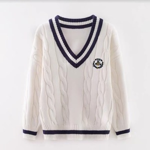Pull col en V blanc et bleu marine avec badge, en coton tricoté, style scolaire pour filles, sous-vêtement, nouveau design 2025 - Product Image 1