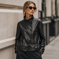 Veste Courte en Cuir de Mouton Personnalisée pour Femme, Col Montant, Boutons Asymétriques, Ourlet à Cordon de Serrage