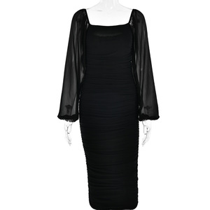 Nouvelle <span class=keywords><strong>Robe</strong></span> Longue Sexy Ajustée à Col Carré, Couleur Unie, Dos Nu et Manches Lanternes pour Femme – Collection Automne-Hiver - Product Image 5