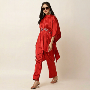 Elegant Red Satin Empire <b>Kaftan</b> look Cord Set with Embroidery Asymmetric Design High Neck Cap Sleeve with Beads work - Product Image 1