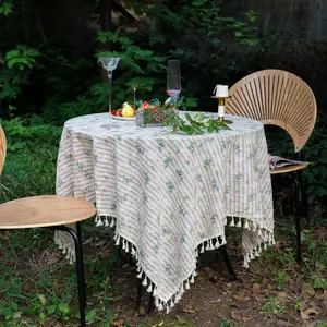 Cotton Round Tablecloth Printed Machine Washable Farmhouse Table Cloth Wrinkle Free Table Cover for Patio Table, Picnic Dining