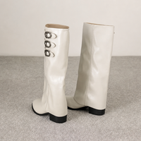 Bottes hautes souples pour femmes à bout pointu, talon carré, triple boucle, style western, blanches