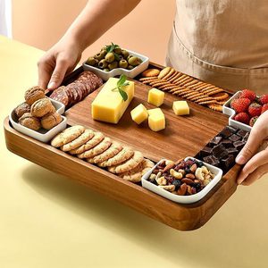 Cross-border acacia wood <b>cheese</b> board <b>set</b>, household multi-functional wooden dinner plate, irregular shape with <b>knife</b> and fork, - Product Image 1