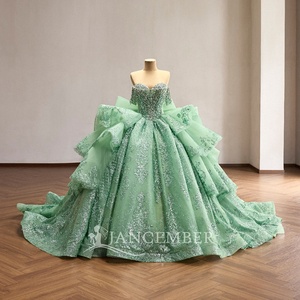 Rsm261134 Elegant Off Shoulder Heavy Beaded Glitter Fabric Tiered Ruffle <b>Mint</b> Ball Gown Quinceanera <b>Dress</b> Prom Jancember - Product Image 2