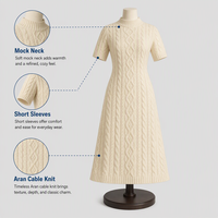 Robe Midi en Gros pour Femme, Col Montant en Maille Torsadée, Manches Courtes, Douce et Extensible, Coupe Trapèze Texturée, Décontractée, Logo Personnalisé, OEM