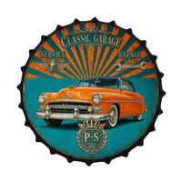 Plaques murales métalliques vintage style garage, avec motifs bouchons de bouteille et voitures classiques, pour décoration murale de Man Cave, atelier automobile, bar, et panneaux métalliques rétro, ainsi que plateaux en étain personnalisables.