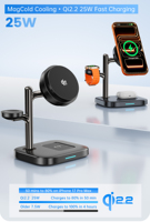 Nouveau chargeur sans fil 3-en-1 25W magnétique à charge ultra-rapide pour Phone18, montre connectée et écouteurs avec fonction de refroidissement