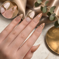 Faux ongles à presser personnalisés avec breloque dorée, longs, forme amande, dentelle, nude, blanc, pailletés, gel brillant, ABS, marbré, vente en gros OEM