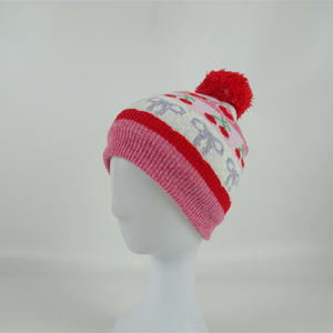 Bonnet en tricot jacquard mignon pour enfants avec pompon - Certifié OEKO-TEX, motif cerise et cœur, doublure polaire, chapeau d'hiver chaud pour filles - Product Image 2