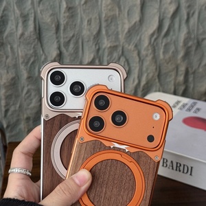 Advanced Walnut Wood Back Panel Magnetic Case for iPhone 18 17 15 16 Pro Max With 360° <b>Ring</b> Stand Aluminum Alloy Frameless Cover - Product Image 3