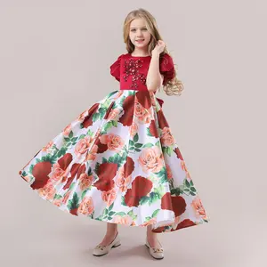 Gaun Anak Perempuan Motif Mawar Merah Gaun Pesta Payet Manik-manik Lengan Puff Pakaian Anak Perempuan Formal