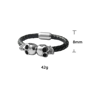 Titanium Steel Skull <b>Bracelet</b> Black Woven <b>Leather</b> Band Fashion Jewelry for Men and Women - Product Image 5