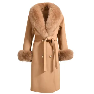 新款时尚大衣带腰带冬季大奢华狐狸毛领长款风衣双面修身秋季羊毛羊绒大衣女