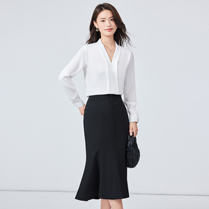 Women's Long Sleeve V Neck Shirt Solid Color Chiffon Top Work Blouse 2024 Autumn Elegant Office Wear - Product Image 1