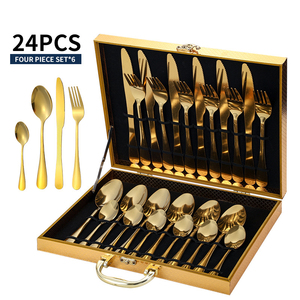 Bán Buôn Nhà Sản Xuất 24Pcs Matte Đám Cưới Tái Sử Dụng Xách Tay Muỗng Và Ngã Ba Thép Không Gỉ Flatware Vàng Đen Thiết Lập Dao Kéo - Product Image 1