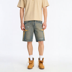 Short en jean vintage distinctif à taille mi-haute et coupe droite, respirant et résistant à la décoloration, en polycoton, idéal pour le streetwear - Product Image 1