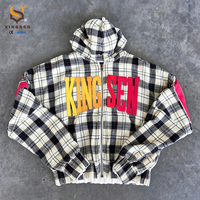 Sudadera con capucha de mezclilla con cremallera, de algodón personalizado, con efecto desgastado por el sol, a cuadros, de franela, con parche de chenilla, bordado y estampado, de doble capa, reversible y con lavado ácido.