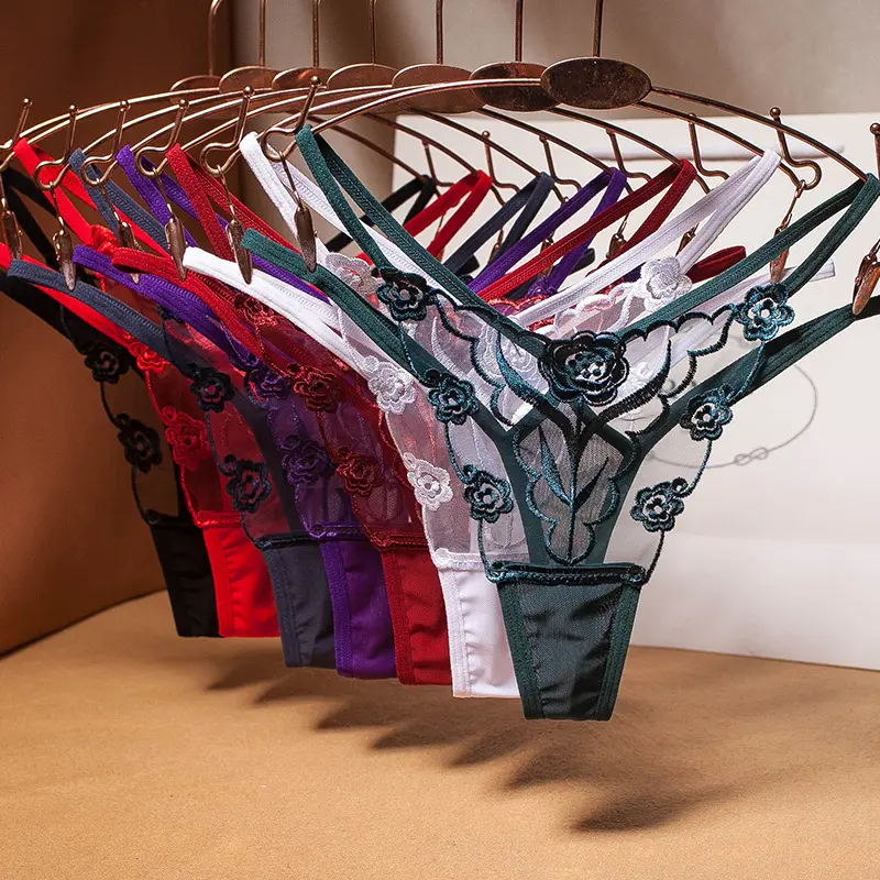 Sexy bordado G-string para mulheres transparente malha sedução mulheres calcinha