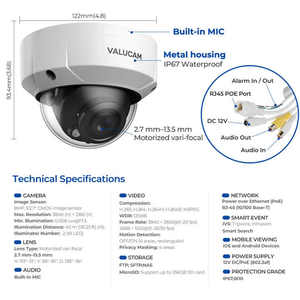 Valucam 2.7-13.5มม. ตรวจจับการเคลื่อนไหว8MP ในตัวกล้อง IP โดมวาริโฟคอลแบบมีมอเตอร์
