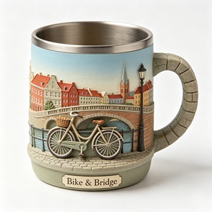 Tazza da tè in poliresina, disponibile OEM e ODM, dipinta a mano, con scultura di bicicletta e ponte danese, tazza da caffè souvenir di viaggio nordico - Product Image 1