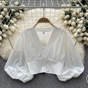 Camisas elegantes francesas para mujer, blusa <span class=keywords><strong>con</strong></span> pliegues de manga larga <span class=keywords><strong>con</strong></span> cuello en abullonada V, <span class=keywords><strong>blusas</strong></span> versátiles de verano para mujer - Product Image 4