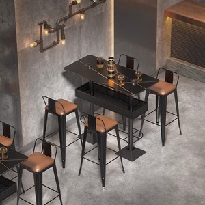Mesa alta y sillas de estilo industrial retro, <span class=keywords><strong>taburete</strong></span> de bar <span class=keywords><strong>discoteca</strong></span> de hierro forjado con almacenamiento de cesta de barra de música - Product Image 3