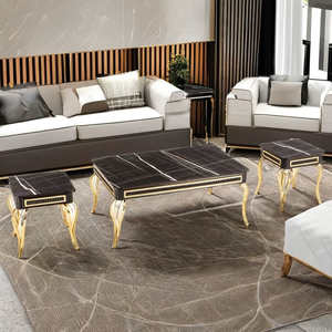 Ensemble de table basse moderne de luxe 2+1 avec plateau en marbre et pieds en métal doré, meubles de salon - Product Image 1