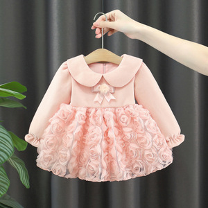 Vestito da Bambina Rosa e <span class=keywords><strong>Rosso</strong></span> a Maniche Lunghe con Fiori e Volant per Autunno Inverno 2026 - Product Image 3