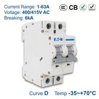 Interruptor Automático Miniatura Eaton Serie E6, Modelo E6-20/2/D, 20A, 2P, 400V, 6kA, Curva D, Certificaciones CE, CCC e ISO, para Sistemas de Máquinas Herramienta CNC