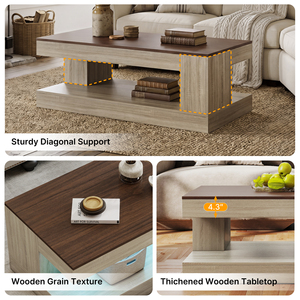 Table basse en bois moderne avec éclairage contrôlé par application, table basse en bois bicolore, table basse à 2 niveaux avec rangement pour le salon - Product Image 2