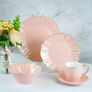 Conjunto de louça de porcelana euro fine, conjunto de louças de porcelana royal gold rim 20 peças de talheres de cerâmica rosa