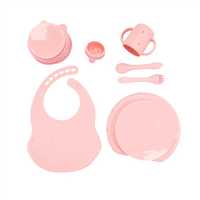 Ensemble d'alimentation pour bébé en silicone de qualité alimentaire sans BPA, respectueux de l'environnement, avec cuillère, fourchette, tasse, bol, assiettes, bavoirs - Design original