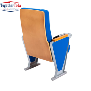 Tablette d'écriture pliable avec accoudoirs métalliques, chaise d'auditorium bleue rembourrée pour utilisation en salle de cinéma, en classe ou en conférence - Product Image 4