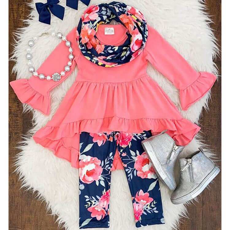 Moda uzun kollu kızlar butik giyim toptan çiçek baskı çocuk giyim bebek pamuk fırfır kıyafetler kızlar capri setleri