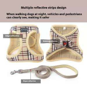 Nuevo gato perro mascota arnés Correa JK lindo perro ropa acolchada característica patrón sólido cintas pequeño perro arnés al por mayor - Product Image 2