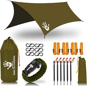 Khaki Color 12Ft 2-3 Person Hexagon Shape Rainfly Ripstop Polyester PU Coated Waterproof 3000mm Camping Tarp With S Carabiner