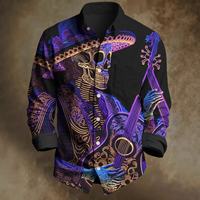 Herren Langarm-Freizeithemden mit Totenkopf-Gitarren-Print im Day-of-the-Dead-Stil, geknöpft, garmentgefärbt, atmungsaktiv