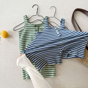 Nuova Collezione Estiva di Abbigliamento per Bambine, Tuta con Bretelle in Cotone Stile Coreano, <span class=keywords><strong>Pantaloni</strong></span> a Vita Alta a Righe e Gamba Larga - Product Image 1