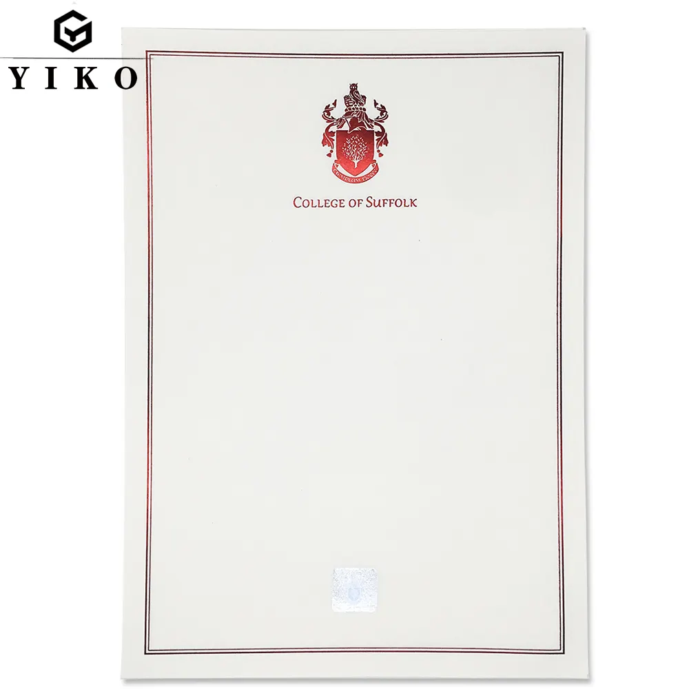 Papel de certificado de seguridad A4 personalizado Yiko con marca de agua y papel de Certificado de grado universitario de impresión de lámina caliente roja