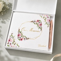 Carnet de visiteurs personnalisé A5 en lin blanc avec couverture rigide, dorure à chaud, pour événements et célébrations, avec stylo or rose et coffret cadeau de luxe