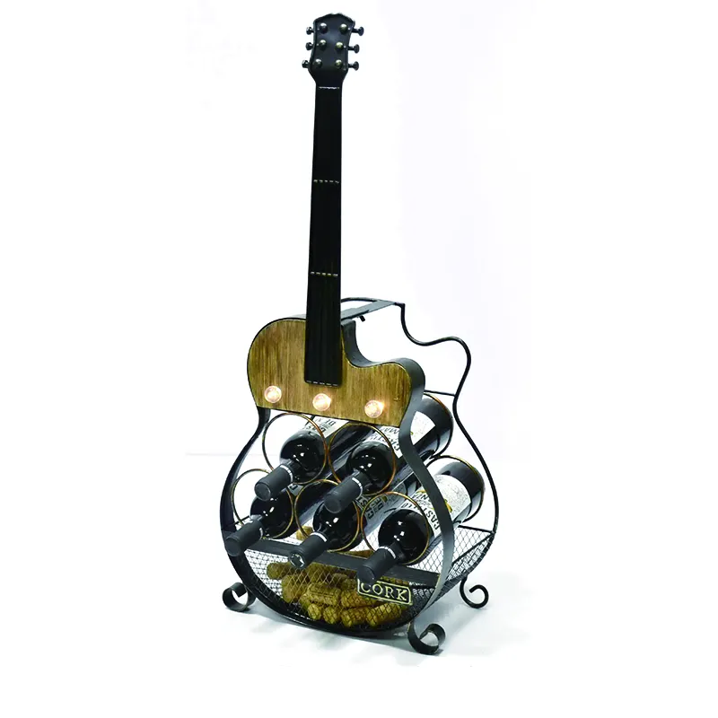Metal/Wood LED Guitar Freestanding 5 Bottles Wine bottle Holder Decorative Wine Rack Cork Holder For Home Decor