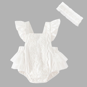 Combinaisons d'été en coton pour bébé, vêtements pour filles nouveau-nées, sans manches, dos nu, princesse, mariage, dentelle florale blanche, écologiques, respirantes - Product Image 1