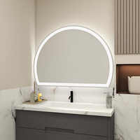 Miroir de salle de bain contemporain en forme de demi-cercle avec capteur tactile LED, éclairage frontal, anti-buée, écologique, verres argentés, pour usage hôtelier