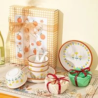 Service de vaisselle en céramique style Ins, compatible lave-vaisselle et micro-ondes, comprenant bol et assiette, coffret cadeau pour la Fête des Mères, l'inauguration de maison ou les occasions professionnelles